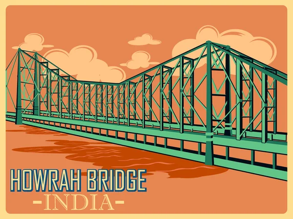 Cartel vintage del puente Howrah en Calcuta famoso monumento de la India — Vector de stock