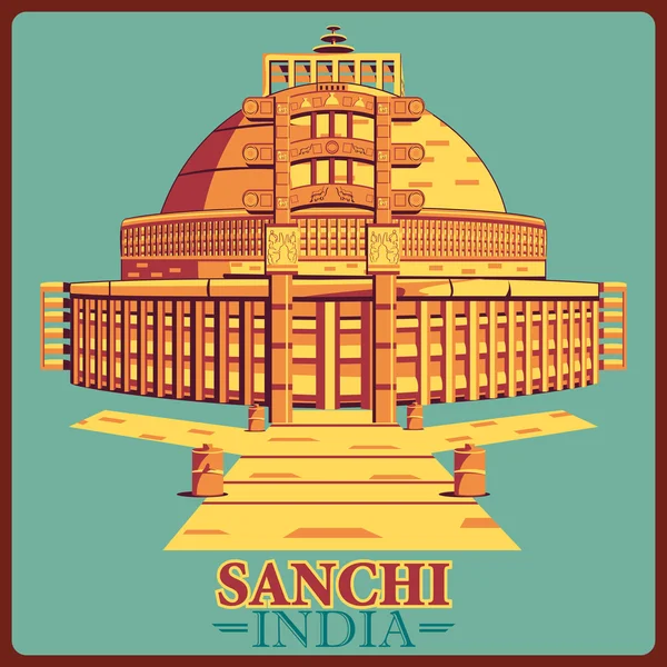 Affiche vintage de Sanchi Stupa dans le Madhya Pradesh célèbre monument de l'Inde — Image vectorielle