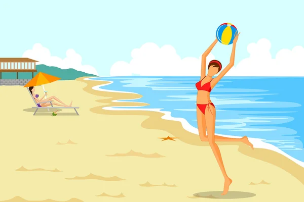 Hermosa mujer jugando pelota de playa — Vector de stock