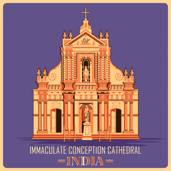 Cartel vintage de la Catedral de la Inmaculada Concepción en Pondicherry famoso monumento de la India — Vector de stock