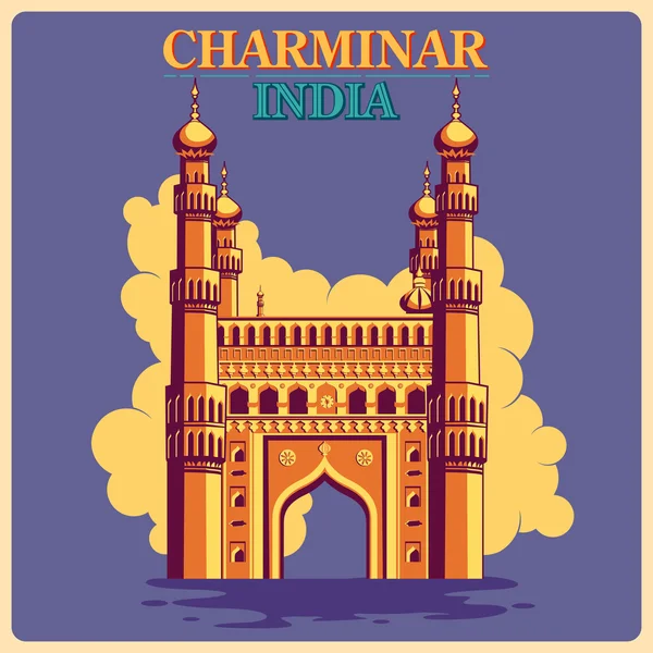 Vintage affisch av Charminar i Hyderabad berömda monument i Indien — Stock vektor