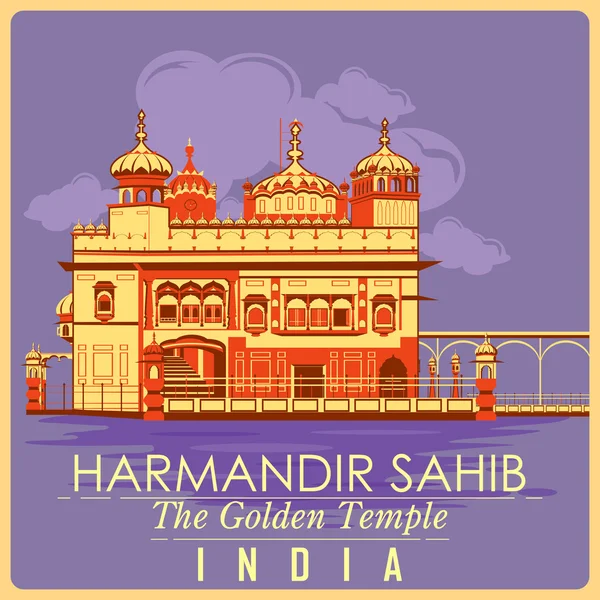 Cartaz vintage de Templo de Ouro em Amritsar monumento famoso da Índia — Vetor de Stock