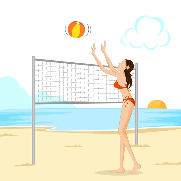 Hermosa mujer jugando pelota de playa — Vector de stock