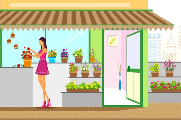 Belle femme dans la boutique de fleurs — Image vectorielle
