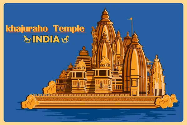 Affiche vintage du temple Khajuraho du Madhya Pradesh célèbre monument de l'Inde — Image vectorielle