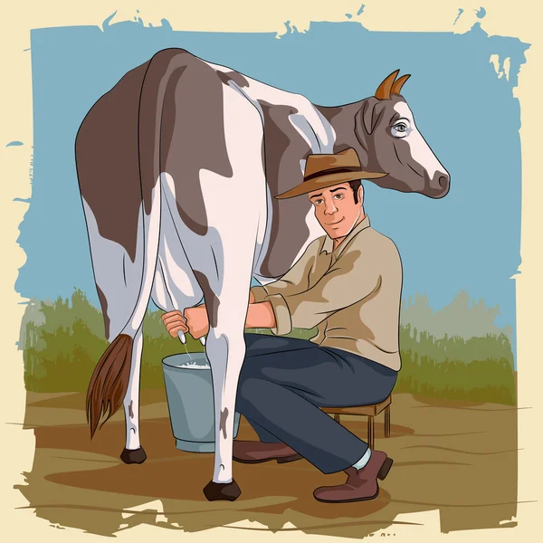 Ρετρό άνθρωπος αρμέγματος αγελάδων — Διανυσματικό Αρχείο
