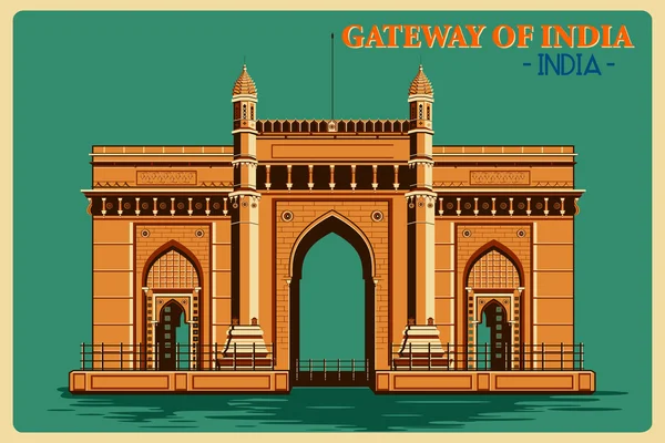 Vintage plakát Gateway of India, Mumbai India híres emlékmű — Stock Vector