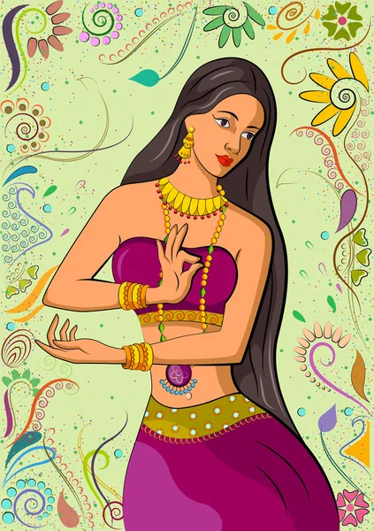Mujer india tradicional en pose de baile — Vector de stock