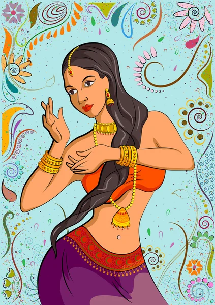 Mujer india tradicional en pose de baile — Vector de stock