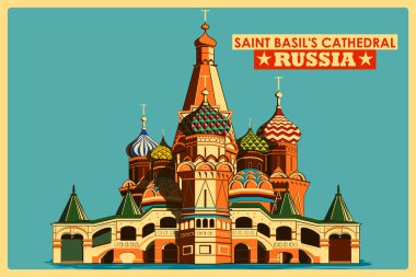 Saint Basils Rusya'da Moskova ünlü anıt katedralde VINTAGE poster