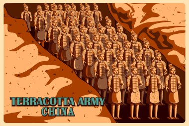 Vintage poster of Terracotta Army in Shaanxi famous monument in China clipart