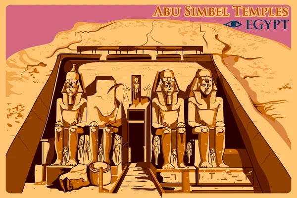 Cartel vintage de Abu Simbel Templos en Nubia famoso monumento en Egipto — Vector de stock