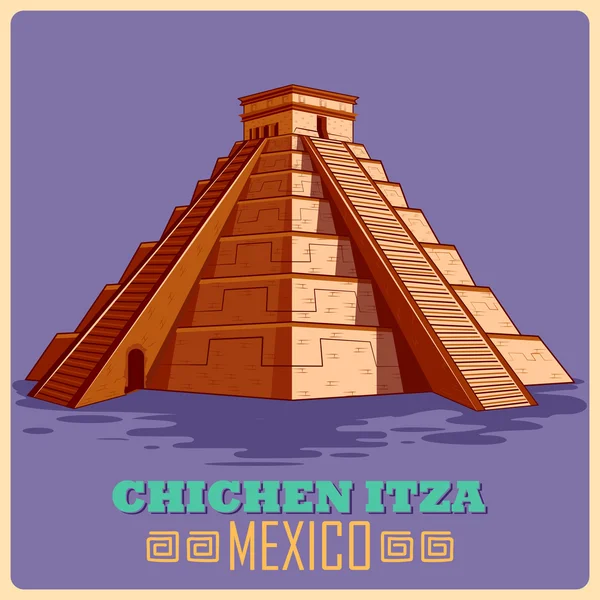 Manifesto vintage di Chichen Itza nel famoso monumento Maya in Messico — Vettoriale Stock