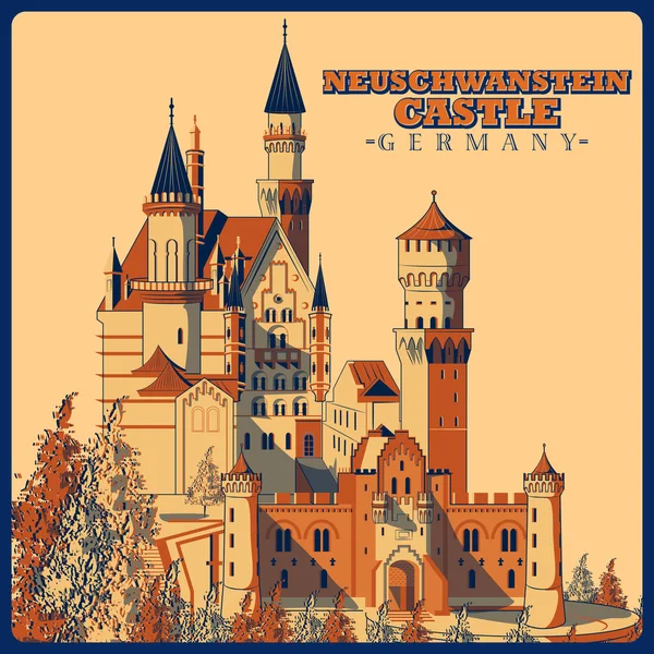 Vintage Poster von Schloss Neuschwanstein in Schwangau berühmtes Denkmal in Deutschland — Stockvektor