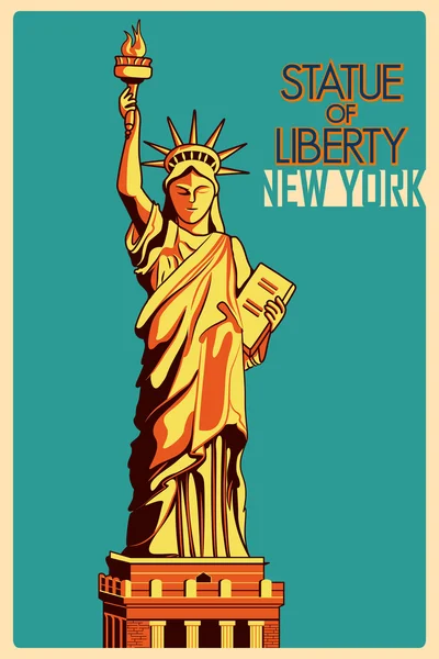 미국에서 빈티지 포스터 동상 자유 뉴욕의 유명한 기념물 — 스톡 벡터