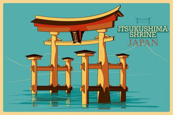 Cartaz vintage de Santuário de Itsukushima em Hatsukaichi monumento famoso no Japão —  Vetores de Stock