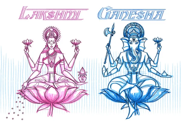 Indian Goddess Lakshmi and Ganesha in sketchy look — Stock Vector