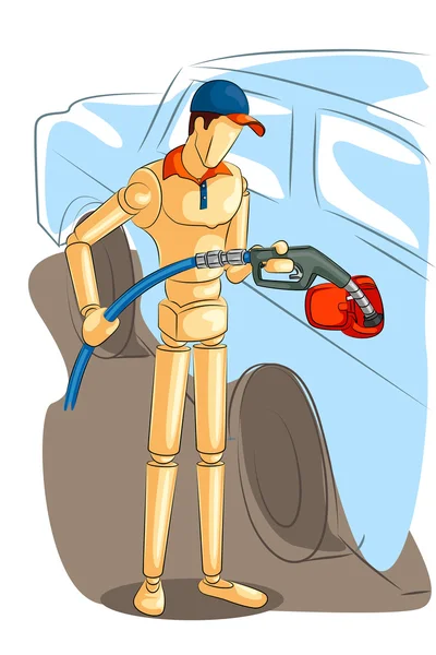 Wooden human mannequin Man fueling car — Stock Vector