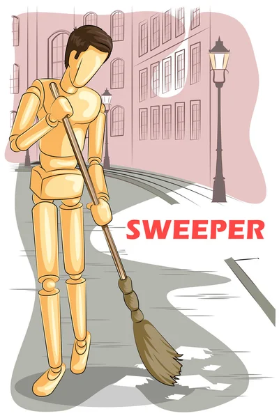 Houten menselijke etalagepop Sweeper — Stockvector