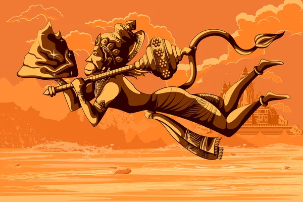 Zeul indian Hanuman zburând cu muntele — Vector de stoc