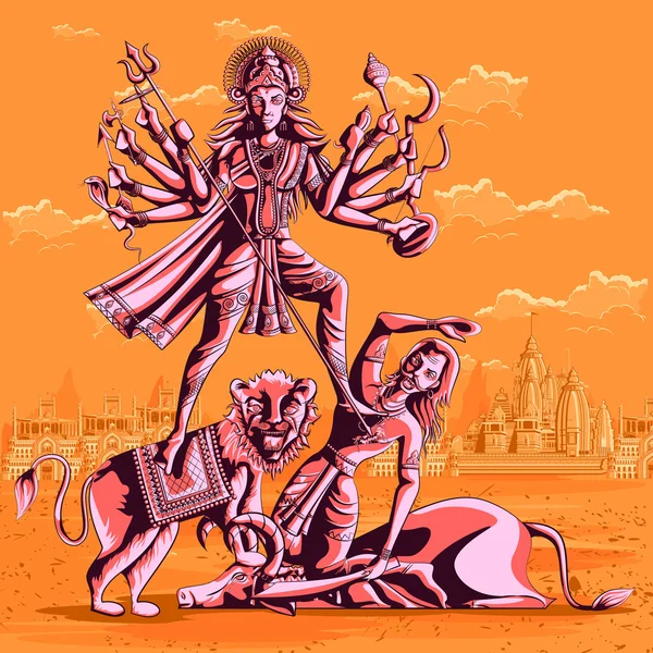 Diosa india Durga matando a Mahishasura — Vector de stock