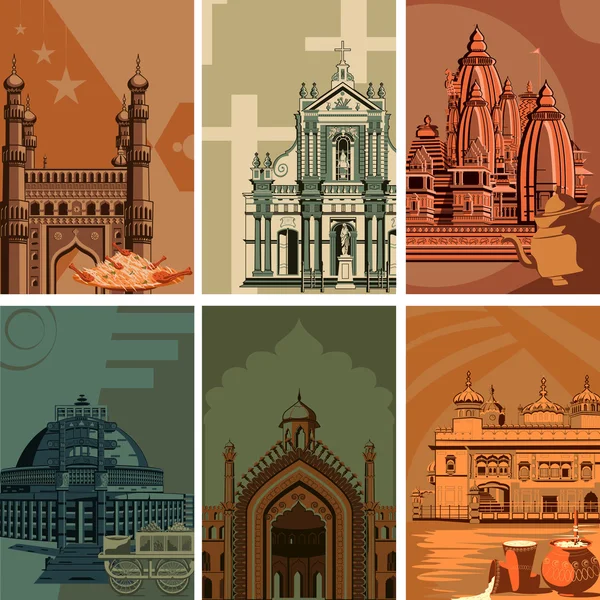 유명한 랜드마크의 빈티지 포스터 인도 비 석 유산 장소 — 스톡 벡터