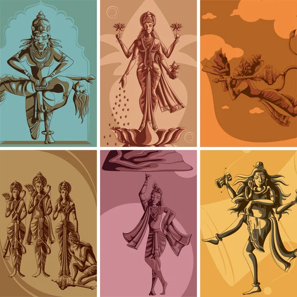 Indický Bůh a bohyně náboženské Vintage plakát — Stockový vektor