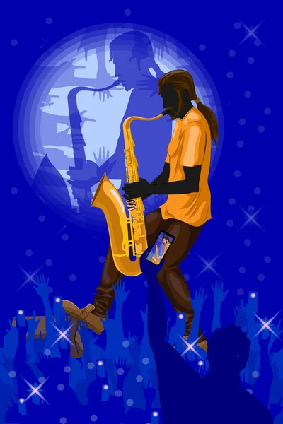 Hombre tocando el saxofón en la actuación de la banda de música — Vector de stock