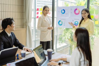 Asyalı iş adamlarından oluşan bir grup konferans odasında meslektaşlarına veri sunuyor. Takım elbiseli işadamları, şirket verilerini sunmak için masadaki grafik dokümanlarına kalem tutuyorlar..