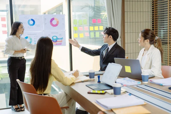 Asyalı iş adamlarından oluşan bir grup konferans odasında meslektaşlarına veri sunuyor. Takım elbiseli işadamları, şirket verilerini sunmak için masadaki grafik dokümanlarına kalem tutuyorlar..