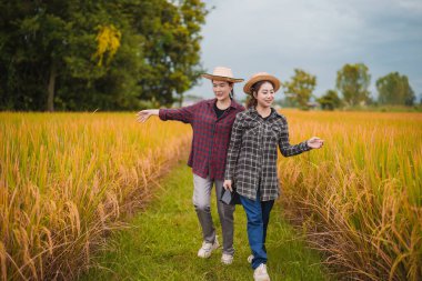 İki Asyalı toprak bilimci pirinç tarlalarındaki tabletleri kullanarak akıllı tarım ve modern tarım teknolojilerini gösteren araştırmalar yapıyor..