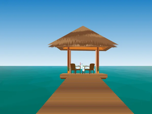 Playa con bungalow y mar tranquilo — Vector de stock