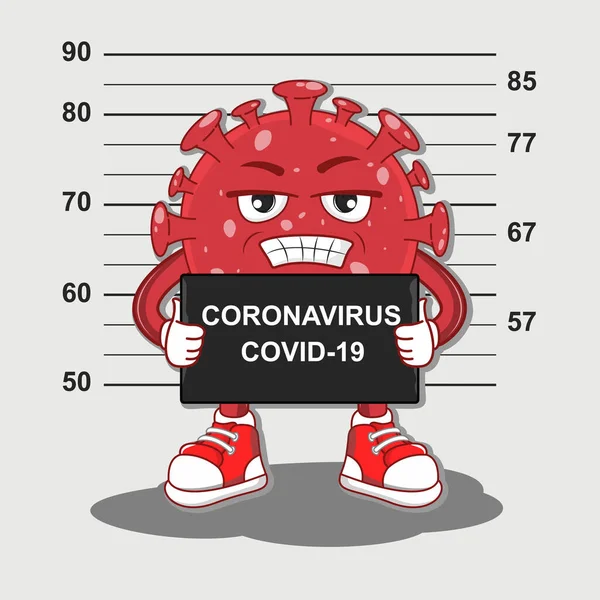 Cartoon coronavírus ficha criminal da polícia. Prisão de vírus, personagem preso covid-19 — Vetor de Stock