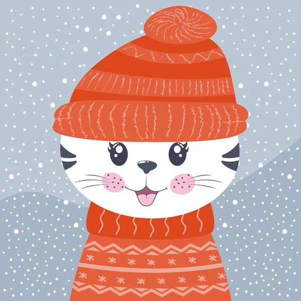 Lindo dibujos animados pequeño gato gatito en invierno fondo. — Vector de stock