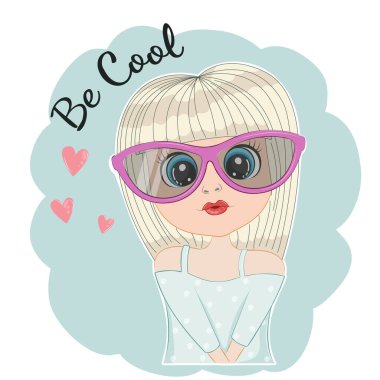 Güneş gözlüklü şirin bir kızın portresi. Güzel kadın karakteri düz stil. Parmak izleri için modern poster, çocuk tebrik kartı, poster, tişörtler. Vektör illüstrasyonu.