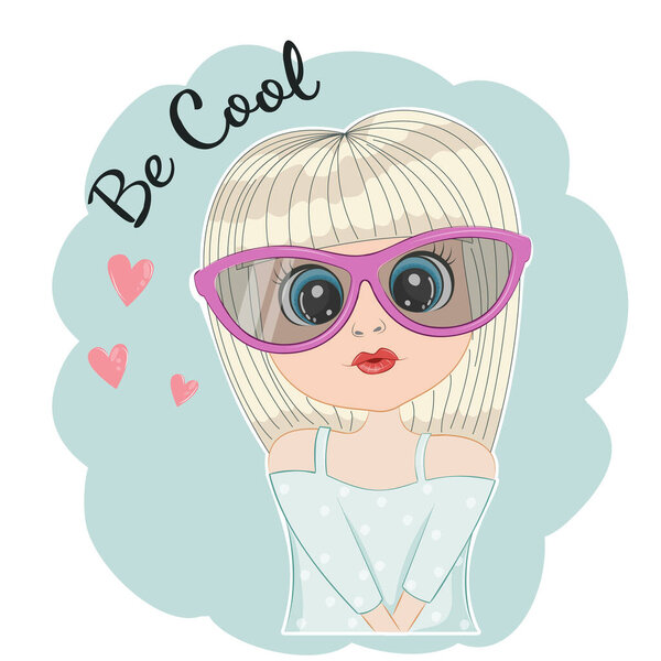 Портрет симпатичной девушки в солнечных очках. Симпатичный женский стиль. Современный плакат отпечатков, открытка, плакат, футболки. Векторная иллюстрация.