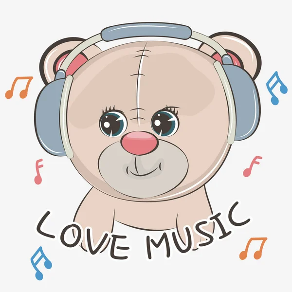 Bonito urso de desenho animado bebê usando fones de ouvido e ouvir música. — Vetor de Stock