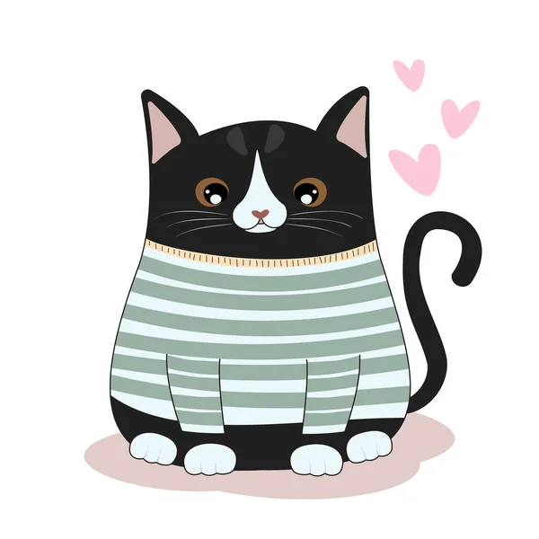 Söt tecknad svart katt i kläder. Vektorillustration. — Stock vektor