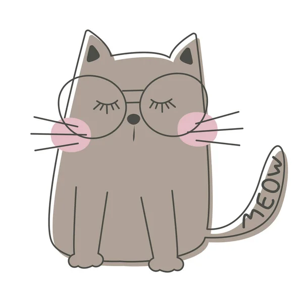 Bosquejo lindo gato de dibujos animados, ilustración con texto Meow. — Vector de stock