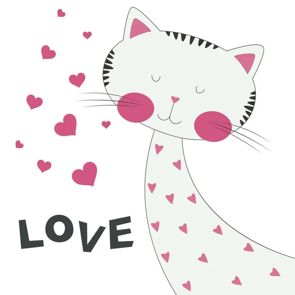Söt tecknad katt, illustration med text Kärlek. — Stock vektor
