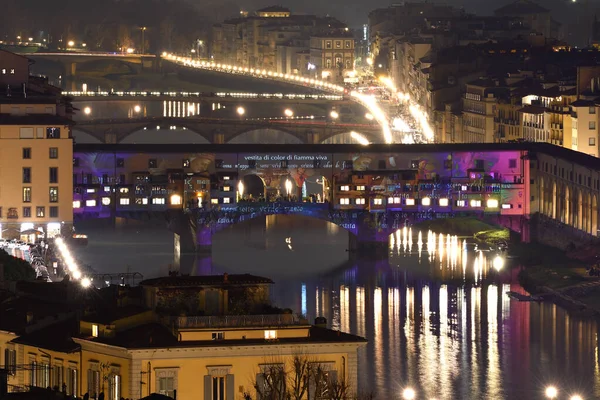 Florence Décembre 2020 Célèbre Vieux Pont Sur Fleuve Arno Illuminé — Photo