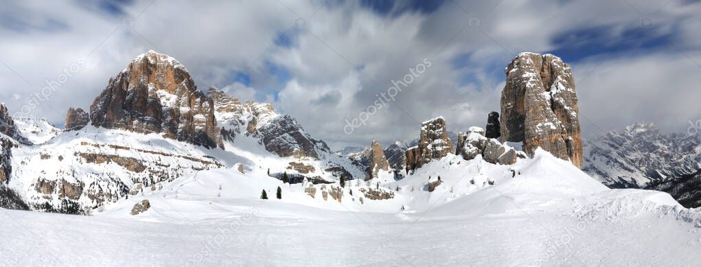 Beautiful panorama view of Tofana di Rozes and Cinque Torri mountain group. Dolomites, Cortina d'Ampezzo. Veneto in Italy.