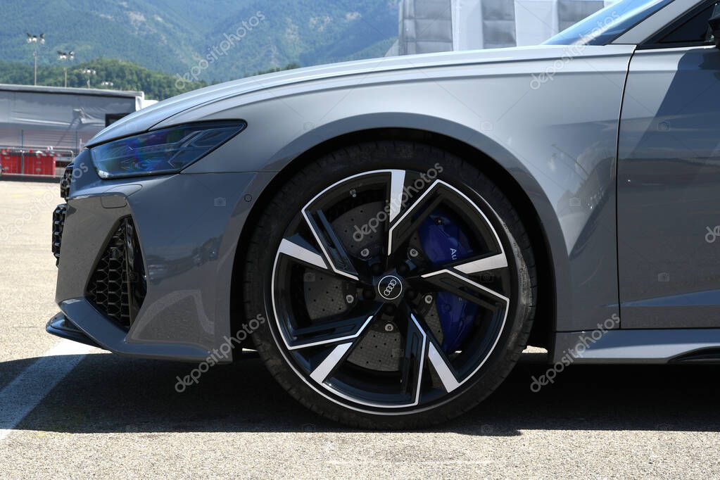 Mugello Circuit IT July 2021: Detail of the alloy wheels on a Sports Audi Car in the paddock of the Mugello Circuit, Italy.