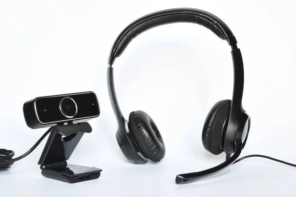 Auriculares Con Micrófono Cámara Web Concepto Trabajo Inteligente Comunicaciones Línea — Foto de Stock