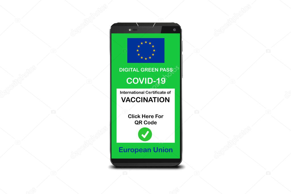 Covid-19 Green Pass. The digital green pass of the european union on the screen of a smartphone isolated on white