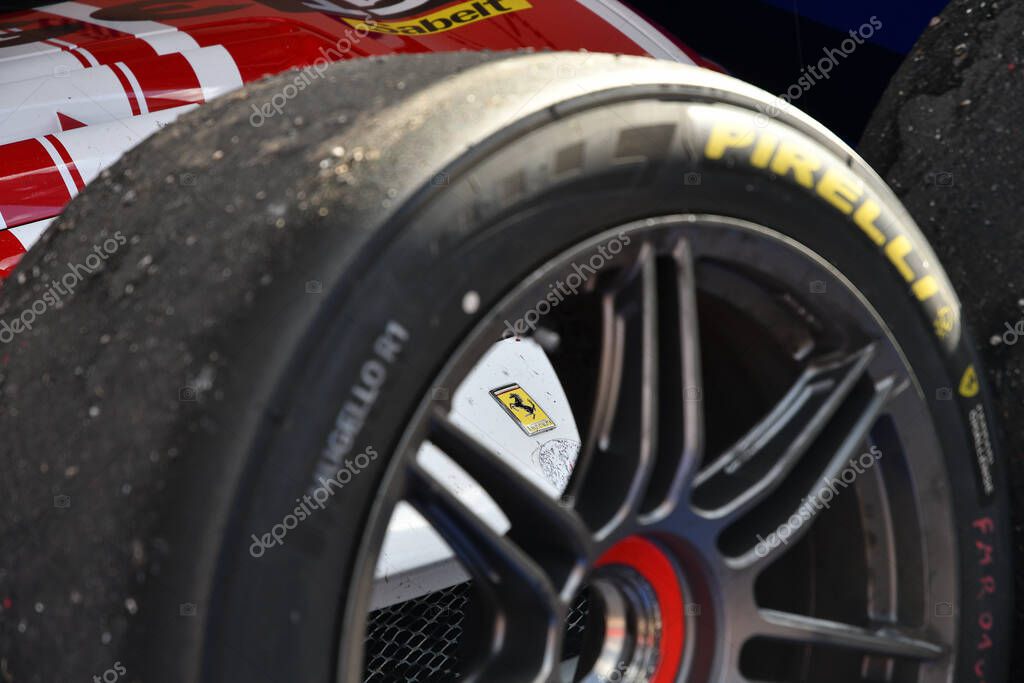 Scarperia; Italy - October 24th 2025: The Ferrari emblem on a Ferrari 296 Challenge seen through the spokes of an alloy wheel. Ferrari World Finals 2025 at Mugello Circuit in Italy.
