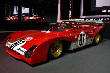 Scarperia, İtalya - 24 Ekim 2025: Ferrari 312 PB, 2025 Ferrari Dünya Finalleri sırasında İtalya 'daki Mugello Pisti' nde sergileniyor.
