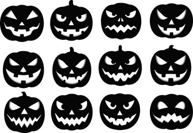 A collection of cartoon pumpkins displays varied spooky faces in black silhouettes against a clean white background, creating a Halloween themed design for festive invitations and decorations.