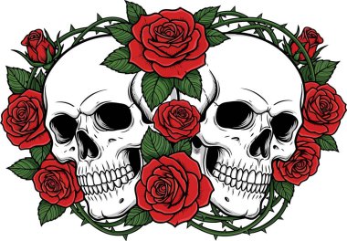 Two skulls surrounded by vibrant red roses and thorny vines create a striking gothic-inspired illustration, ideal for dark romance, tattoo art, or Halloween-themed designs.