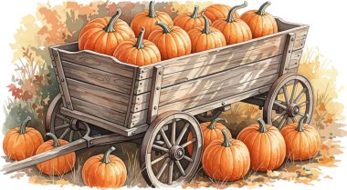 Several orange pumpkins are arranged in and around a rustic wooden wagon set against a background of soft autumn foliage, creating a seasonal harvest scene suitable for fall themed marketing.